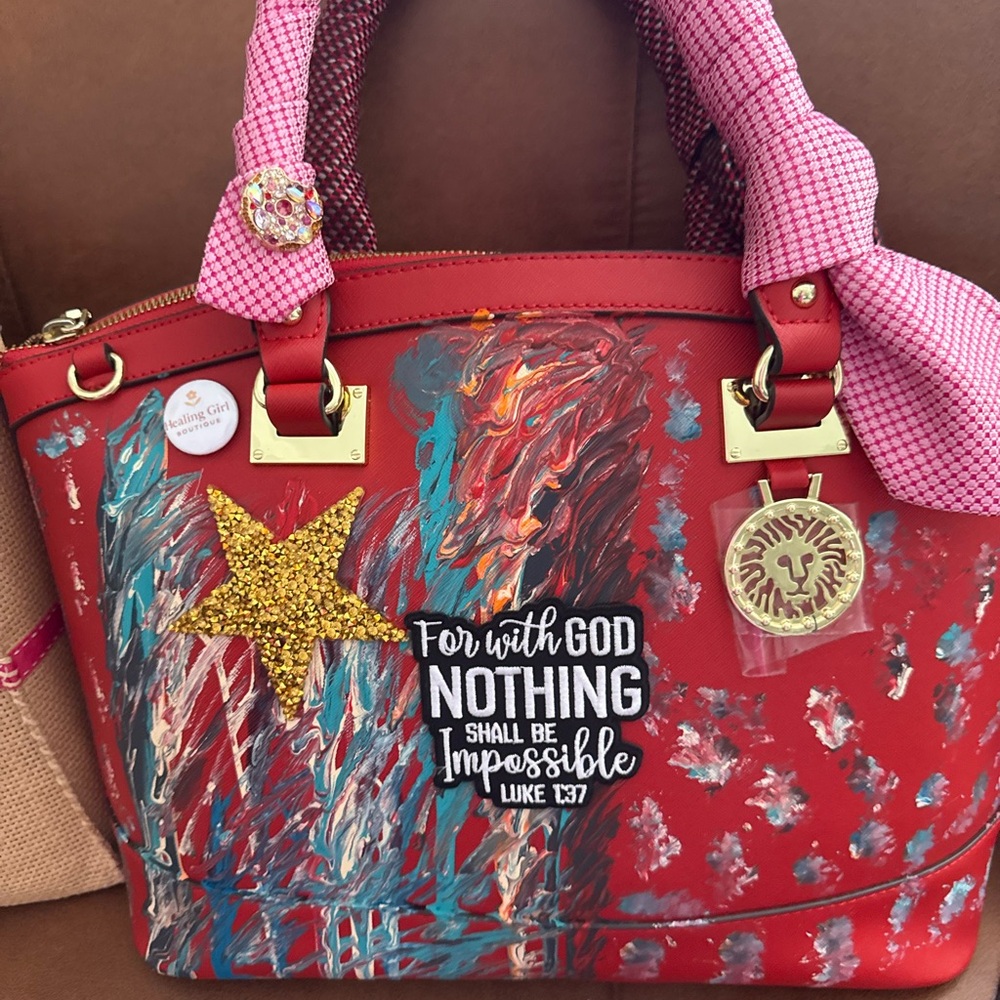 Anne Klein Red Tote with Gold Accent and has been upcycled to a  affirmation bag